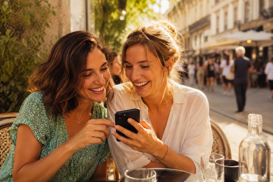 Personne qui cherche sur son téléphone en terrasse