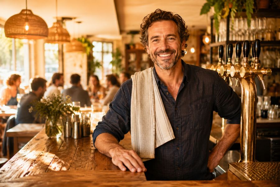Gérante souriante derrière son bar