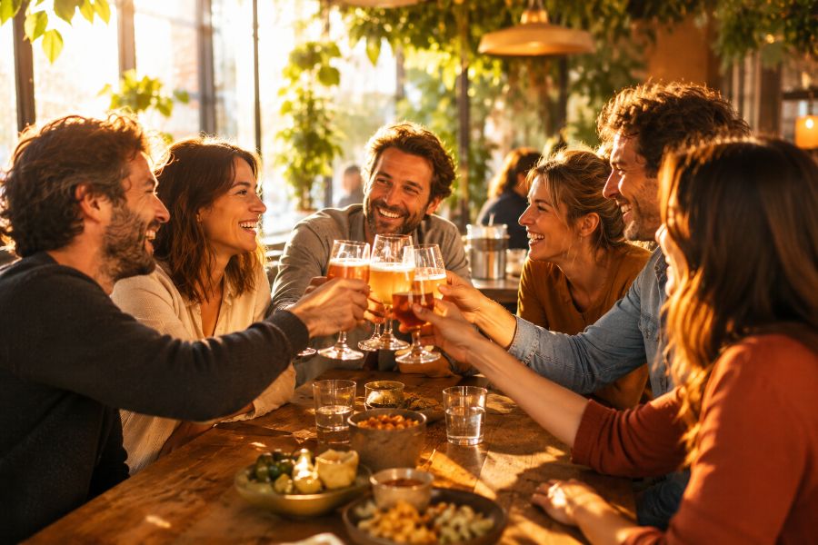 Groupe d'amis qui trinquent à une fête